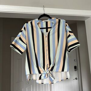 Crosby Multi Colored Striped V-Neck Button Cap Sleeve Blouse Sz S Womens Shirt